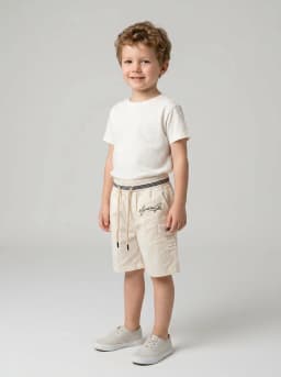 Boys Off-White Drawstring Cargo Shorts with Striped Waistband
