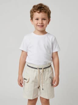 Boys Off-White Drawstring Cargo Shorts with Striped Waistband