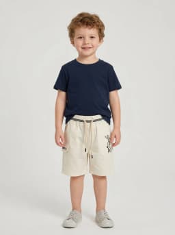 Boys Off-White Drawstring Cargo Shorts with Striped Waistband