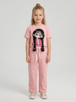 Girls Pastel Pink Cartoon Graphic T-Shirt and Trousers Co-ord Set