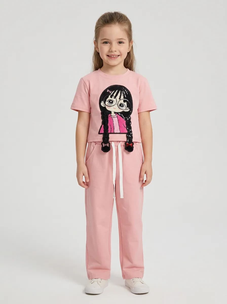 Girls Pastel Pink Cartoon Graphic T-Shirt and Trousers Co-ord Set