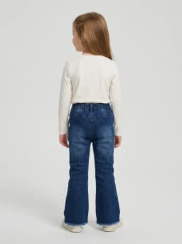 Girls Dark Blue Washed Denim Flared Jeans with Bow Accents