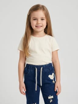 Girls Dark Blue Washed Denim Flared Jeans with Bow Accents