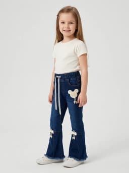 Girls Dark Blue Washed Denim Flared Jeans with Bow Accents