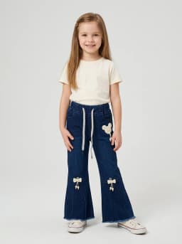 Girls Dark Blue Washed Denim Flared Jeans with Bow Accents