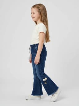 Girls Dark Blue Washed Denim Flared Jeans with Bow Accents