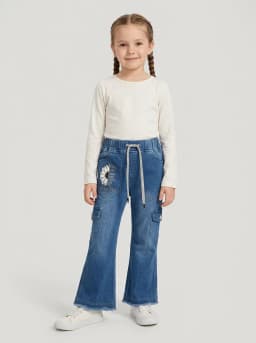 Girls Mid-Blue Washed Denim Flared Cargo Jeans with Floral Graphic