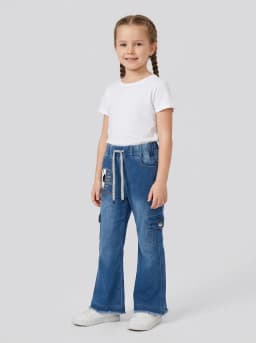 Girls Mid-Blue Washed Denim Flared Cargo Jeans with Floral Graphic