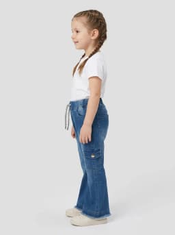 Girls Mid-Blue Washed Denim Flared Cargo Jeans with Floral Graphic