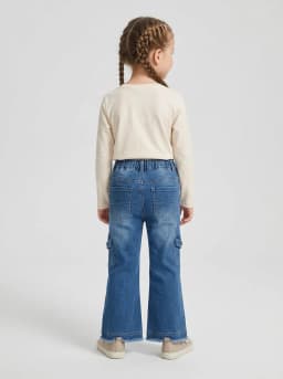 Girls Mid-Blue Washed Denim Flared Cargo Jeans with Floral Graphic
