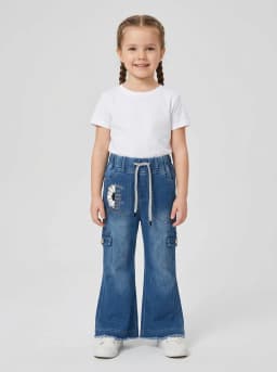 Girls Mid-Blue Washed Denim Flared Cargo Jeans with Floral Graphic