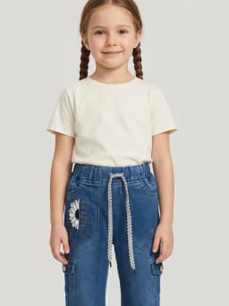 Girls Mid-Blue Washed Denim Flared Cargo Jeans with Floral Graphic