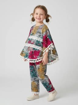 Girls Grey and Multicolor Printed Poncho Top and Pants Set