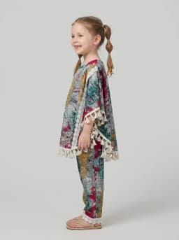 Girls Grey and Multicolor Printed Poncho Top and Pants Set