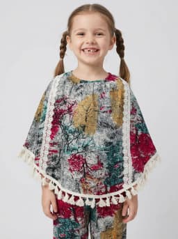 Girls Grey and Multicolor Printed Poncho Top and Pants Set