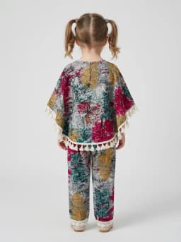 Girls Grey and Multicolor Printed Poncho Top and Pants Set