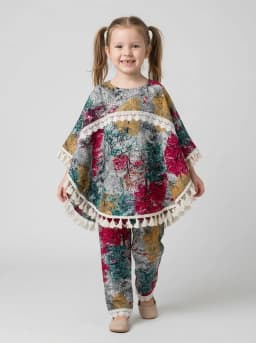 Girls Grey and Multicolor Printed Poncho Top and Pants Set
