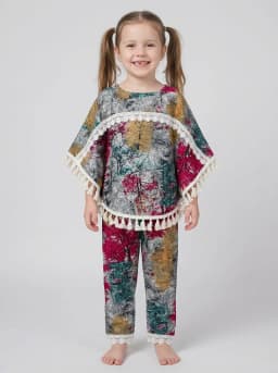 Girls Grey and Multicolor Printed Poncho Top and Pants Set