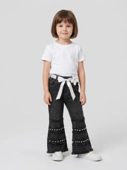 Girls Washed Black Pearl Embellished Flared Denim Jeans