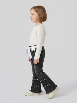 Girls Washed Black Pearl Embellished Flared Denim Jeans