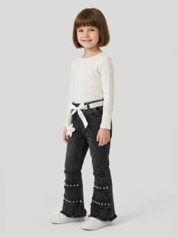 Girls Washed Black Pearl Embellished Flared Denim Jeans