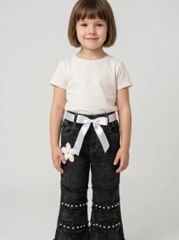 Girls Washed Black Pearl Embellished Flared Denim Jeans