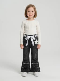 Girls Washed Black Pearl Embellished Flared Denim Jeans