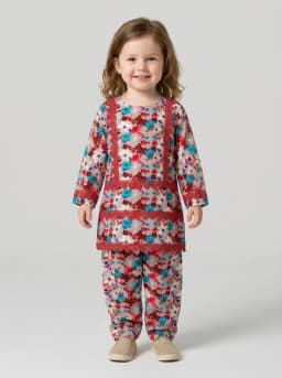 Girls Floral Print Kurti and Trouser Co-ord Set with Lace Trim