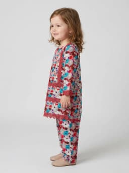 Girls Floral Print Kurti and Trouser Co-ord Set with Lace Trim