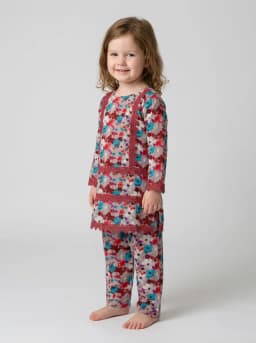 Girls Floral Print Kurti and Trouser Co-ord Set with Lace Trim