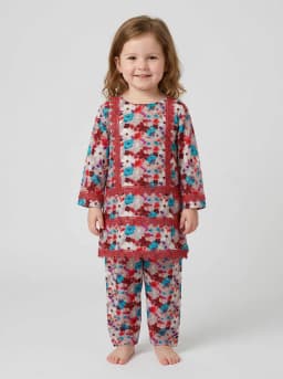 Girls Floral Print Kurti and Trouser Co-ord Set with Lace Trim