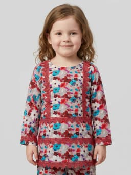 Girls Floral Print Kurti and Trouser Co-ord Set with Lace Trim