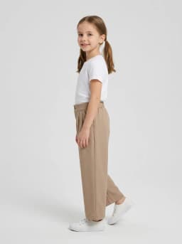 Girls Beige Pleated Wide-Leg Trousers with Button Detail