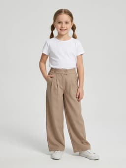 Girls Beige Pleated Wide-Leg Trousers with Button Detail