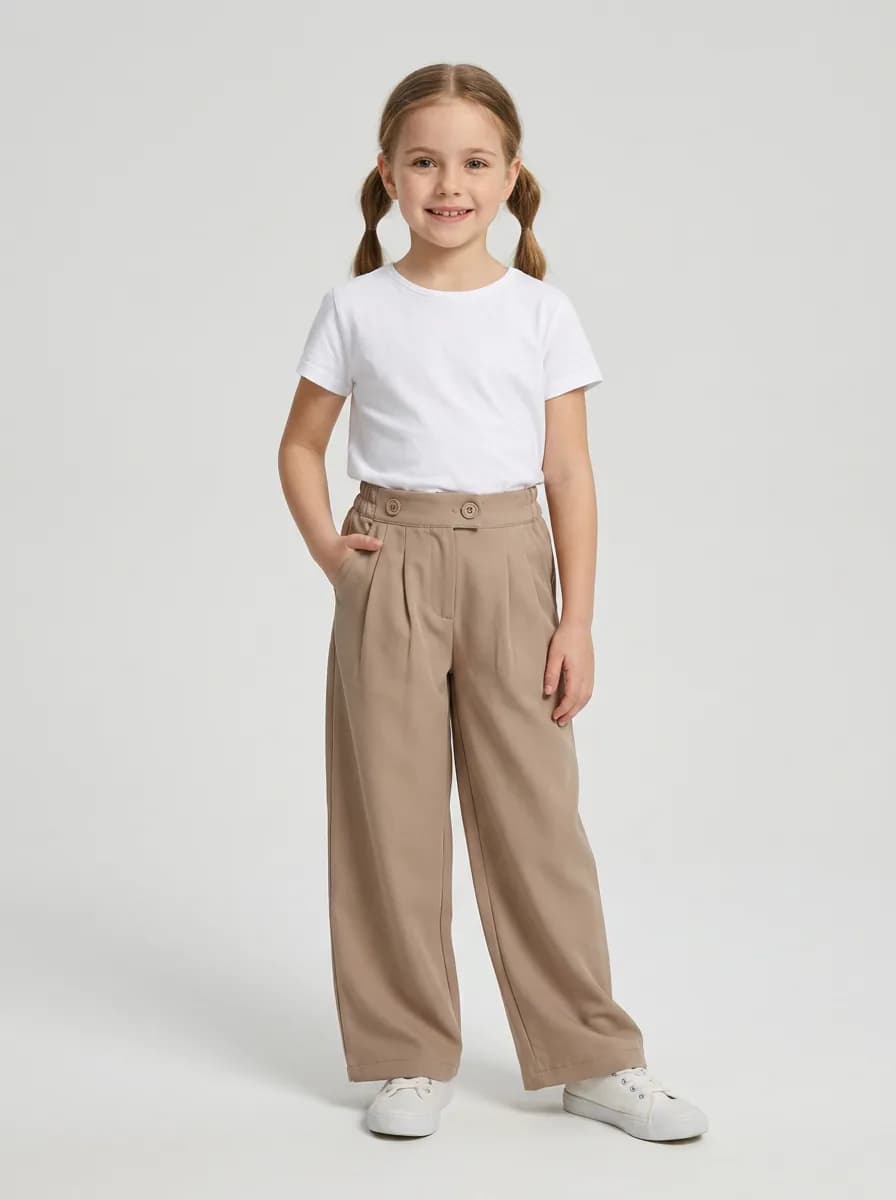 Girls Beige Pleated Wide-Leg Trousers with Button Detail