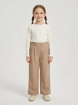 Girls Beige Pleated Wide-Leg Trousers with Button Detail