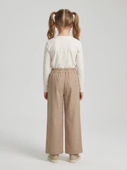 Girls Beige Pleated Wide-Leg Trousers with Button Detail