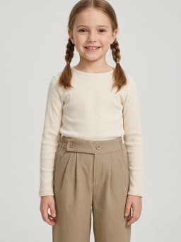 Girls Beige Pleated Wide-Leg Trousers with Button Detail