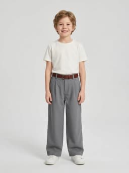 Kids Grey Wide-Leg Pleated Trousers with Brown Belt