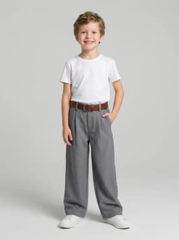 Kids Grey Wide-Leg Pleated Trousers with Brown Belt