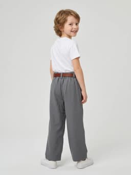 Kids Grey Wide-Leg Pleated Trousers with Brown Belt