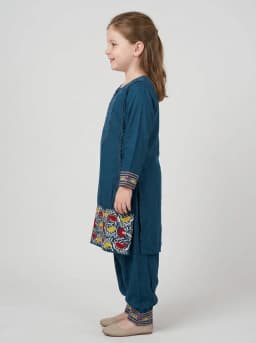 Girls Teal Blue Embroidered Kurti and Salwar Suit Set