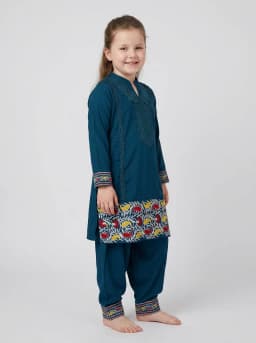 Girls Teal Blue Embroidered Kurti and Salwar Suit Set
