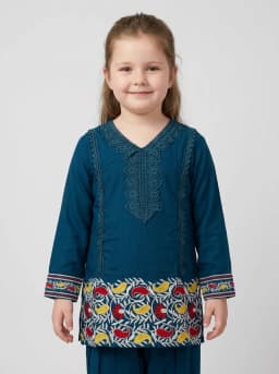 Girls Teal Blue Embroidered Kurti and Salwar Suit Set