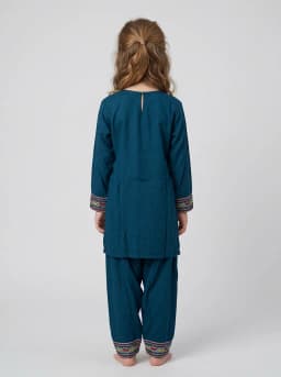 Girls Teal Blue Embroidered Kurti and Salwar Suit Set