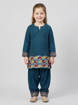 Girls Teal Blue Embroidered Kurti and Salwar Suit Set