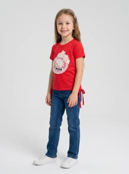 Girls Bright Red Lace Flower Applique Short Sleeve Top with Side Ties