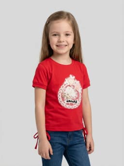 Girls Bright Red Lace Flower Applique Short Sleeve Top with Side Ties