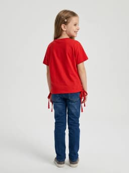 Girls Bright Red Lace Flower Applique Short Sleeve Top with Side Ties
