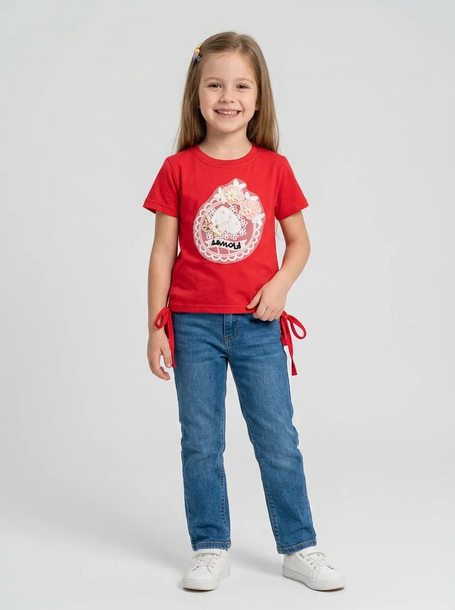 Girls Bright Red Lace Flower Applique Short Sleeve Top with Side Ties